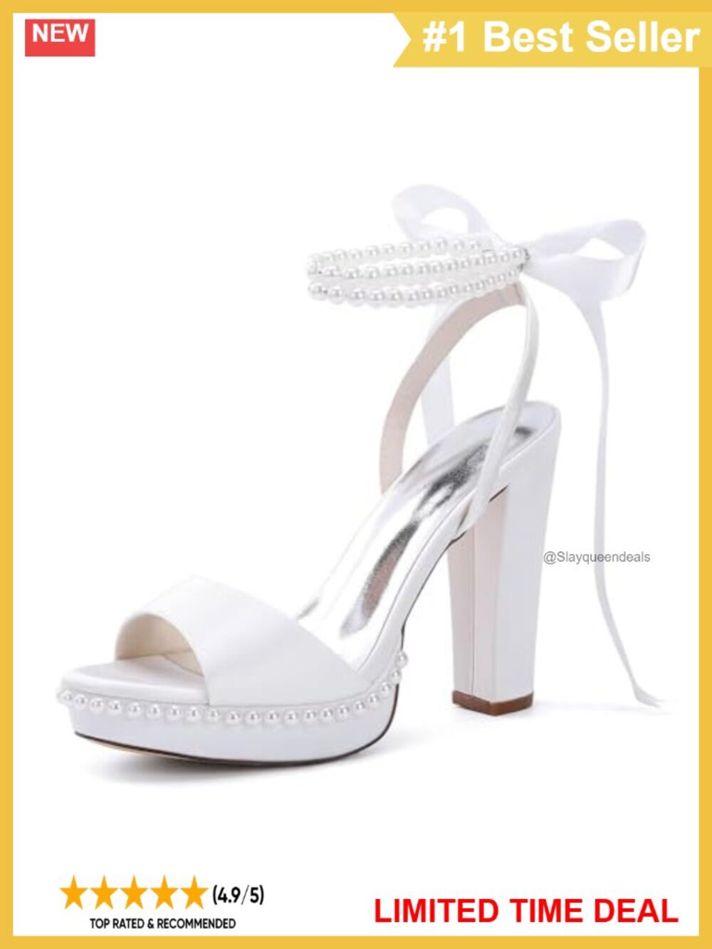 Winflag Platform Heeled Sandals Pearl Satin Block Heel Wedding Shoes